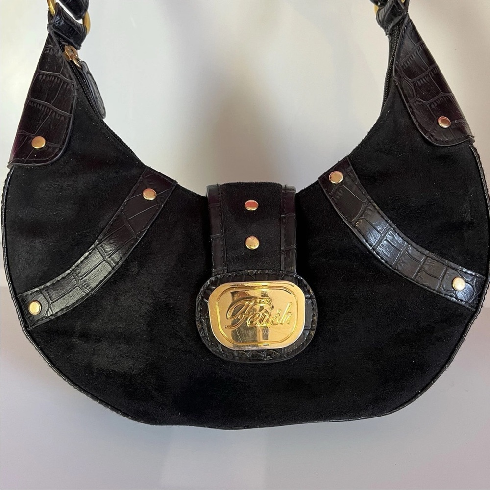 Fetish By Eve Black Suede Frame Handbag Top Zip Short Handle Gold Hardware Rare - Picture 2 of 12